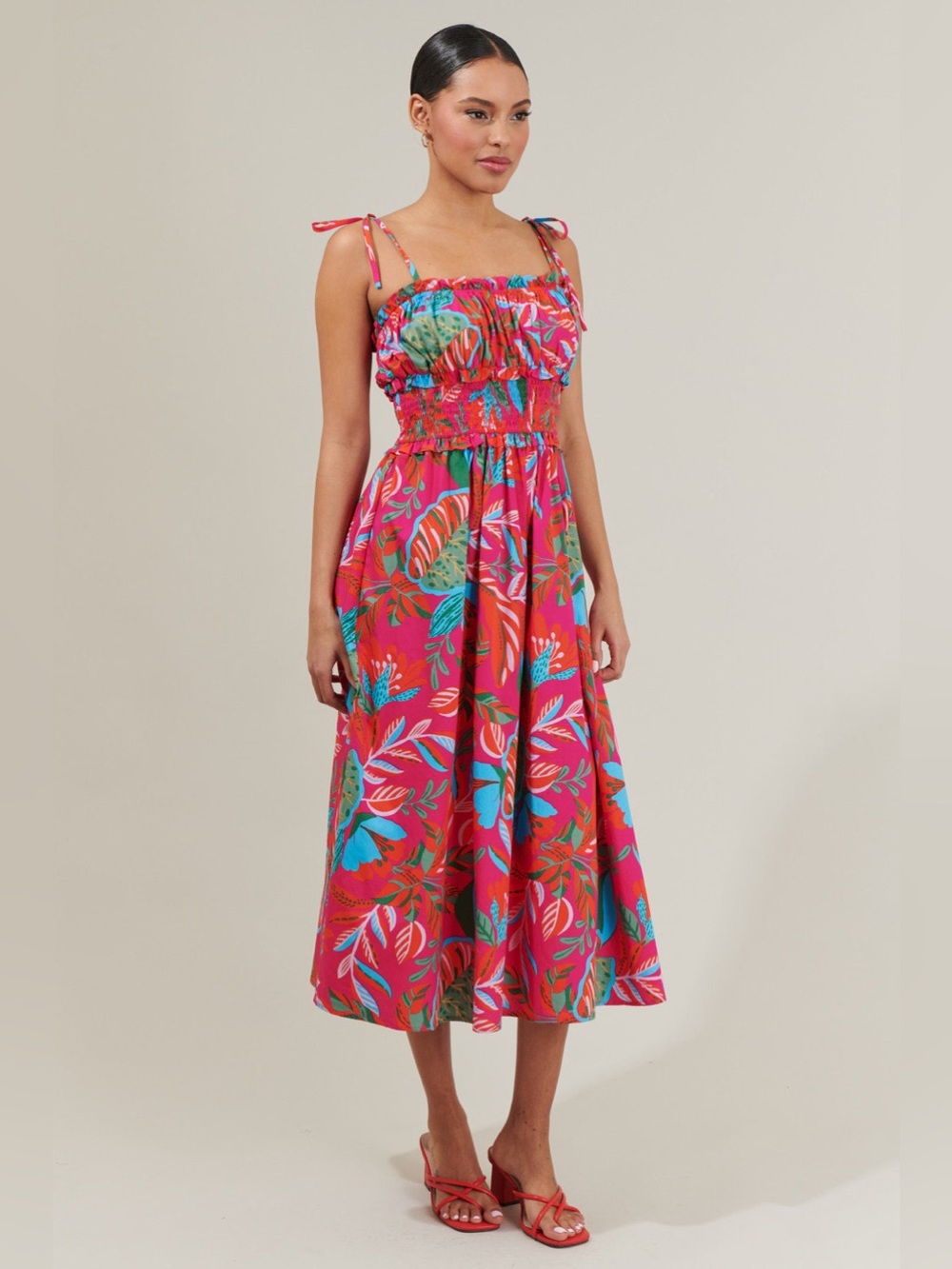 NWT Sugarlips Cactus Blossom Smocked Waist Tie Strap Poplin Midi Dress